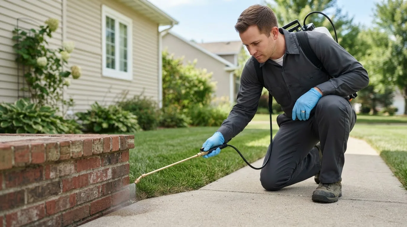 Pest control technician treating a home near Roscoe, MO