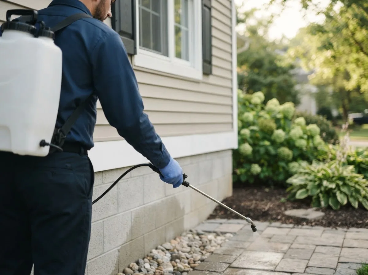 Pest control technician inspecting a home in Roscoe, MO
